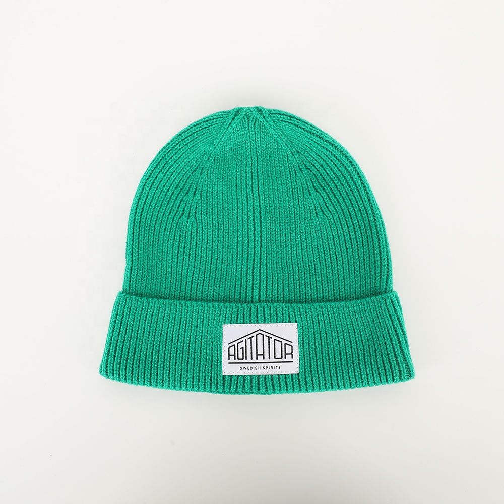 Colorful Rib Knit Beanie Hat with Woven Patch Logo Warm Winter Cuffed Cap