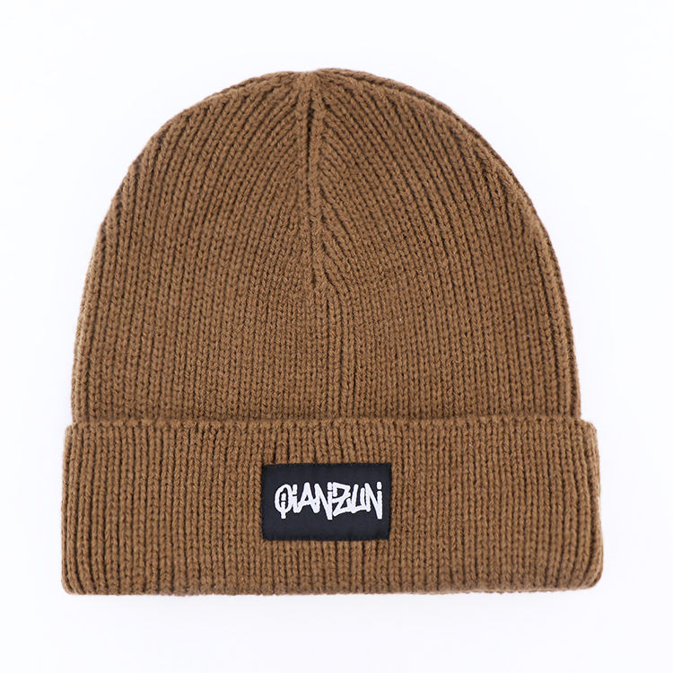 Brown Rib Knit Cuffed Beanie with Front Woven Logo Patch