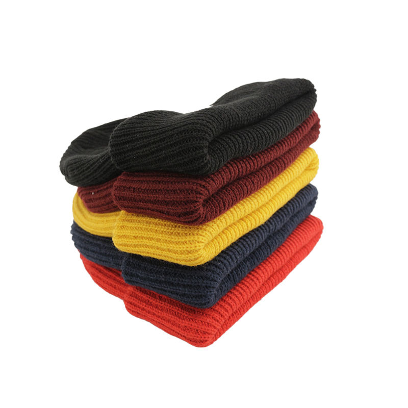 Ribbed Cuffed Knit Beanies with Woven Leader Label in Five Solid Colors