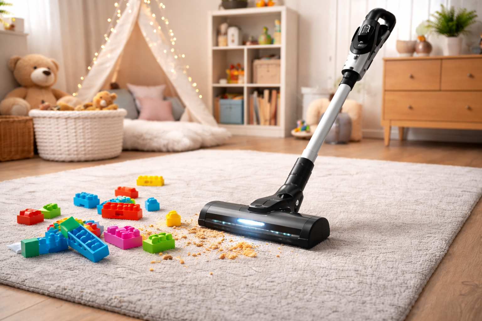 Cordless Stick Vacuum Cleaner with LED Floor Head for Carpet, Hardwood & Family Home Cleaning