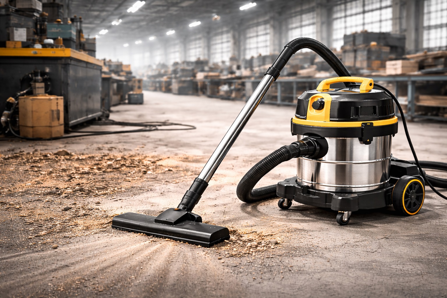 Heavy-Duty Factory Vacuum Cleaner – Wet Dry Canister Vac with Stainless Steel Tank & Rugged Wheels