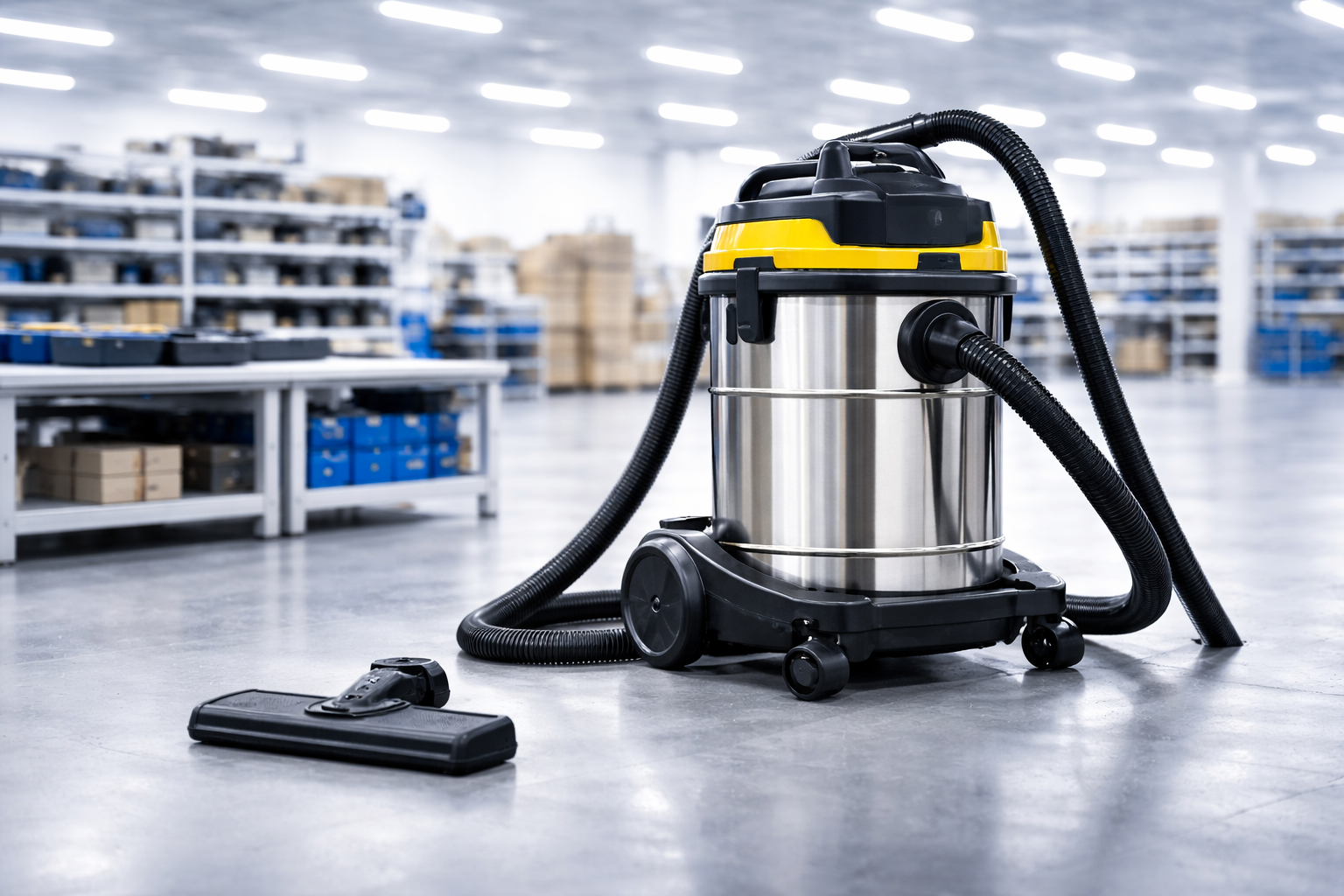 Stainless Steel Industrial Wet Dry Vacuum Cleaner with Compact Base and Removable Nozzle Head