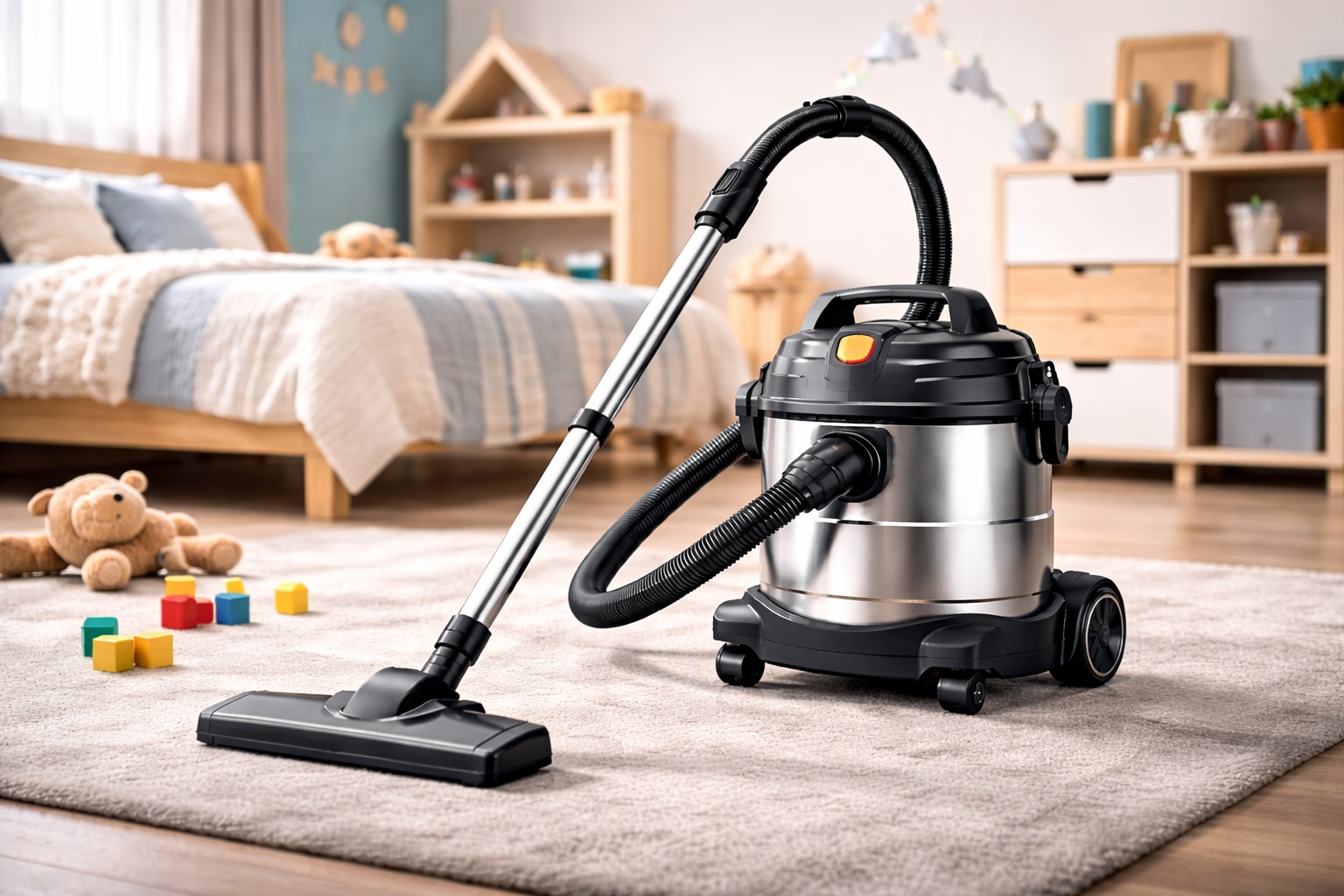 Quiet Barrel Vacuum Cleaner with Stainless Steel Design for Children’s Room