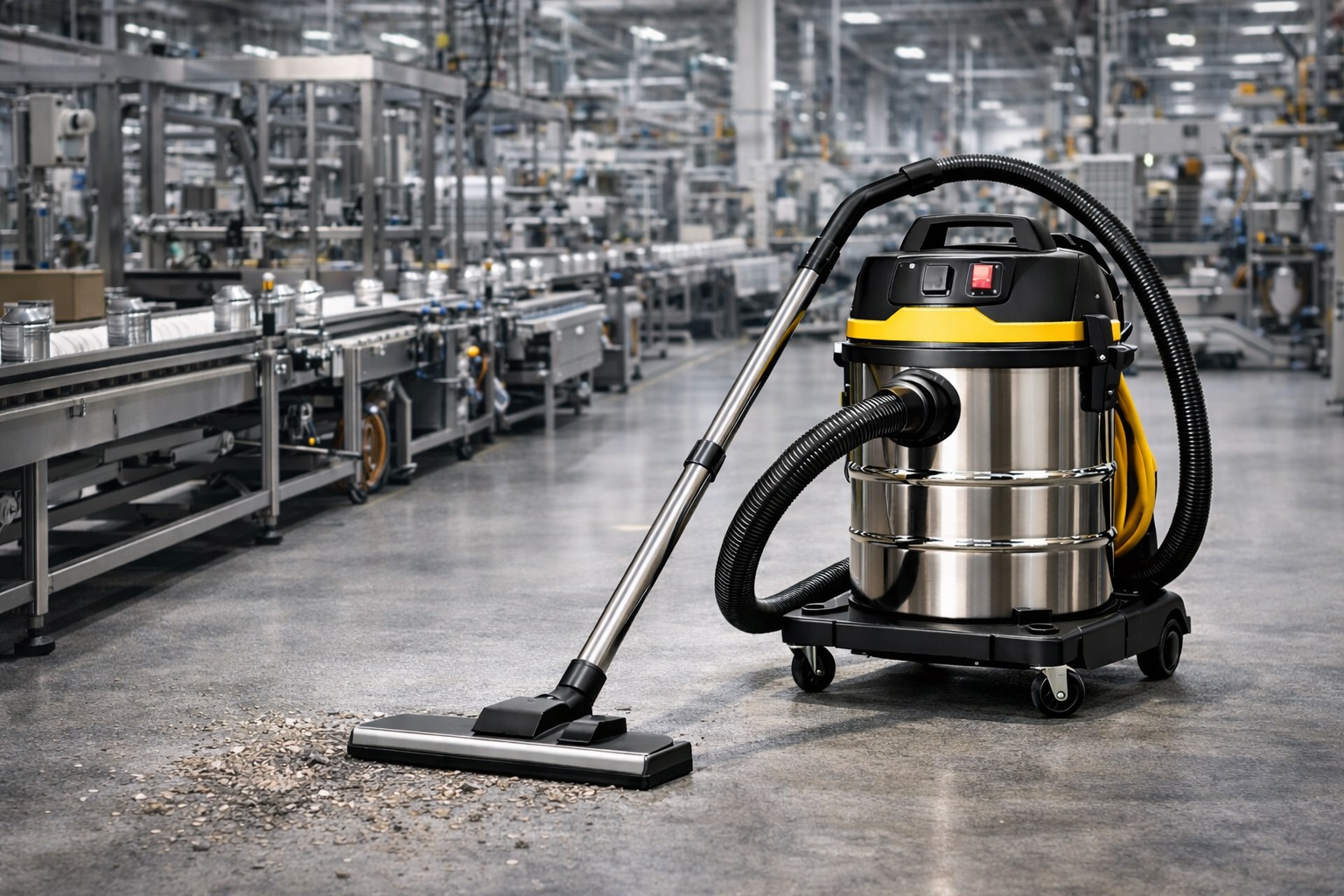 Heavy Duty Stainless Steel Wet-Dry Vacuum Cleaner for Production Line & Manufacturing Environments