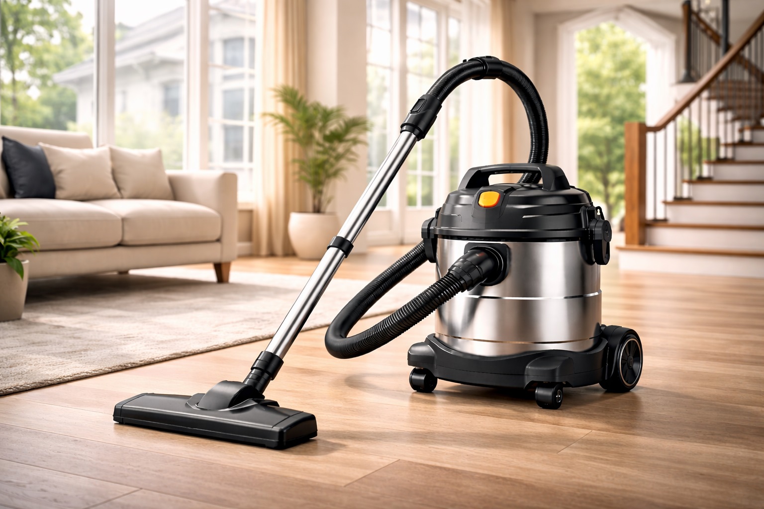 Family-Friendly Barrel Vacuum Cleaner with Stainless Steel Design
