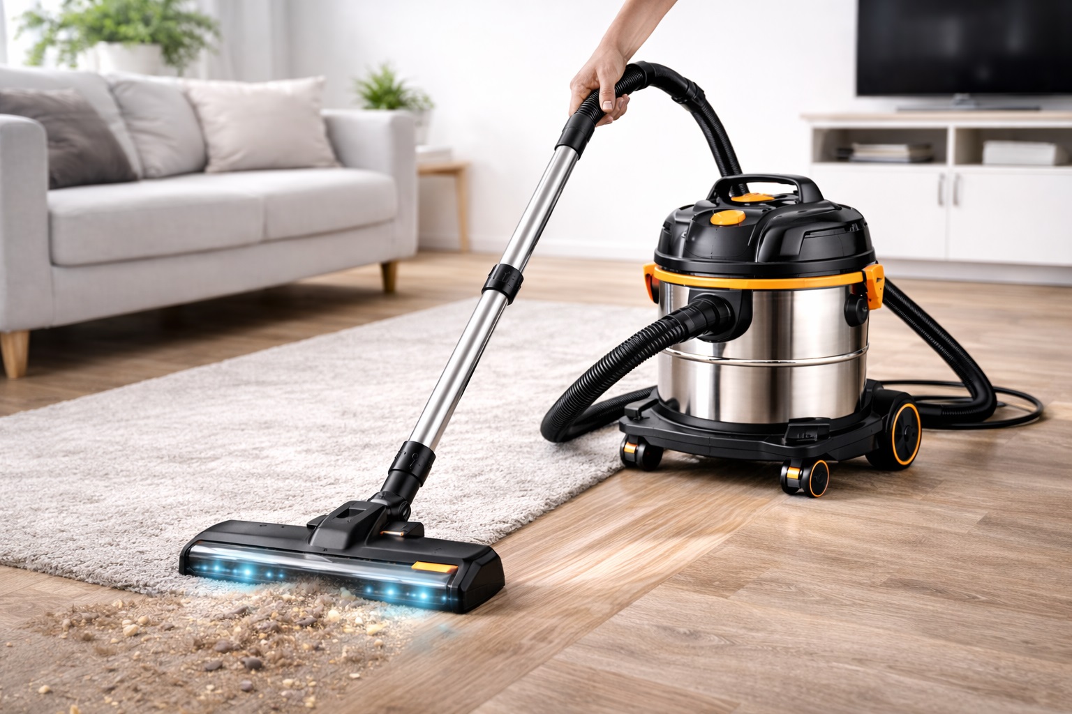 Hard Floor & Carpet Barrel Vacuum Cleaner – Stainless Steel Tank, LED Brush, Powerful Suction