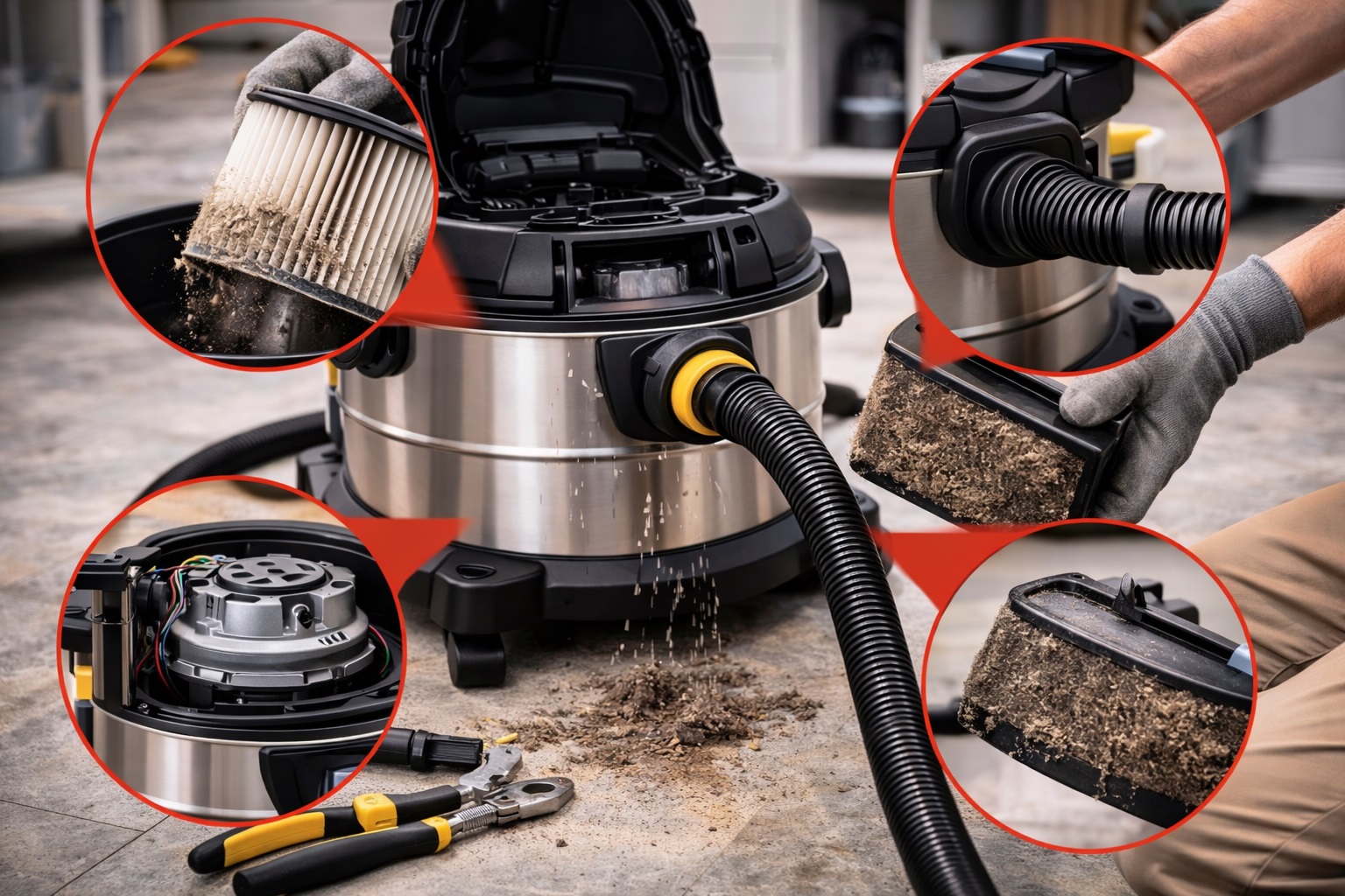 Stainless Steel Barrel Vacuum Cleaner with HEPA and Foam Filter, Motor & Cord Repair Capabilities