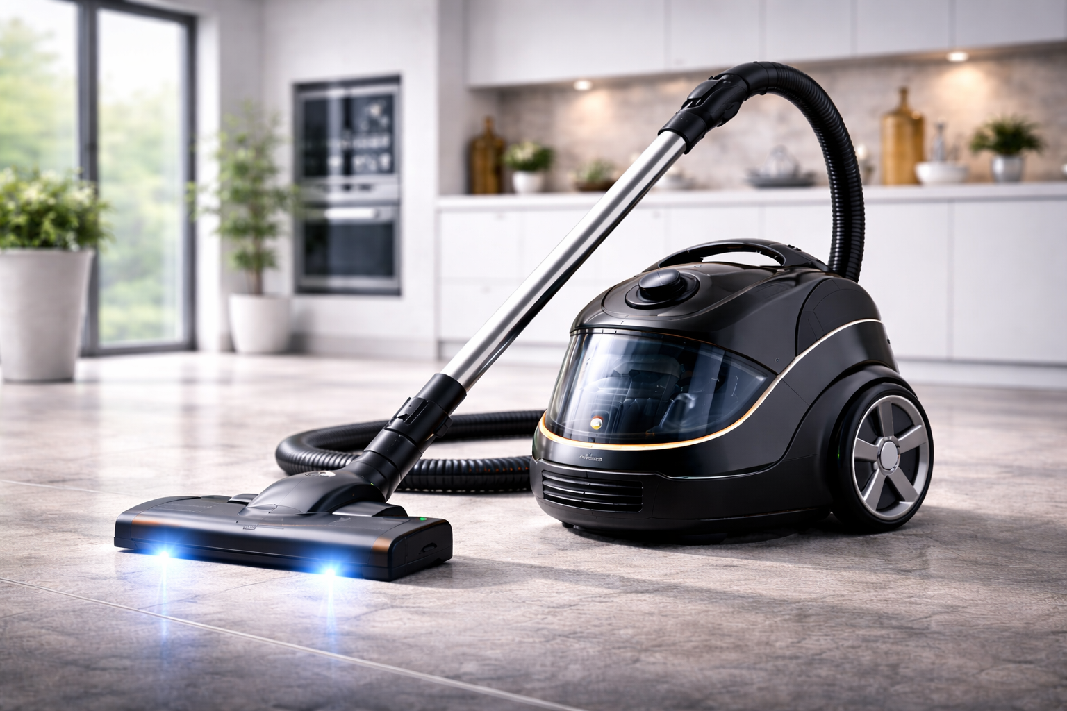 Sleek Black Canister Vacuum Cleaner with LED Headlights & Digital Control