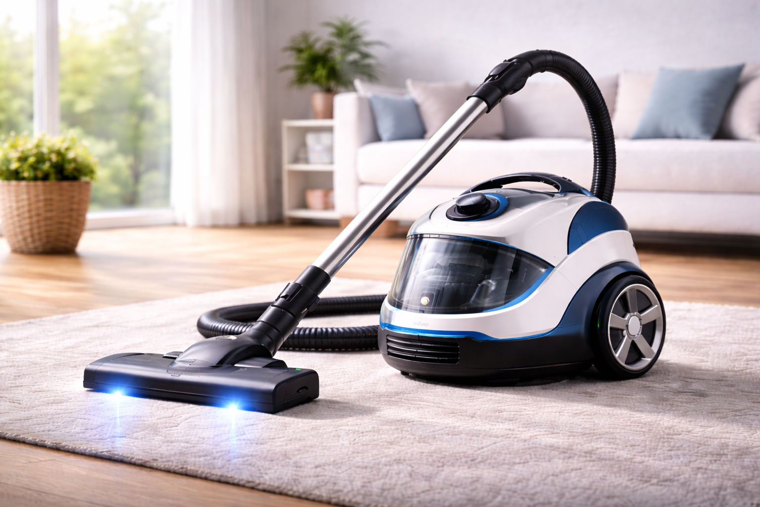 White & Blue Canister Vacuum Cleaner with LED Head & Transparent Dustbin