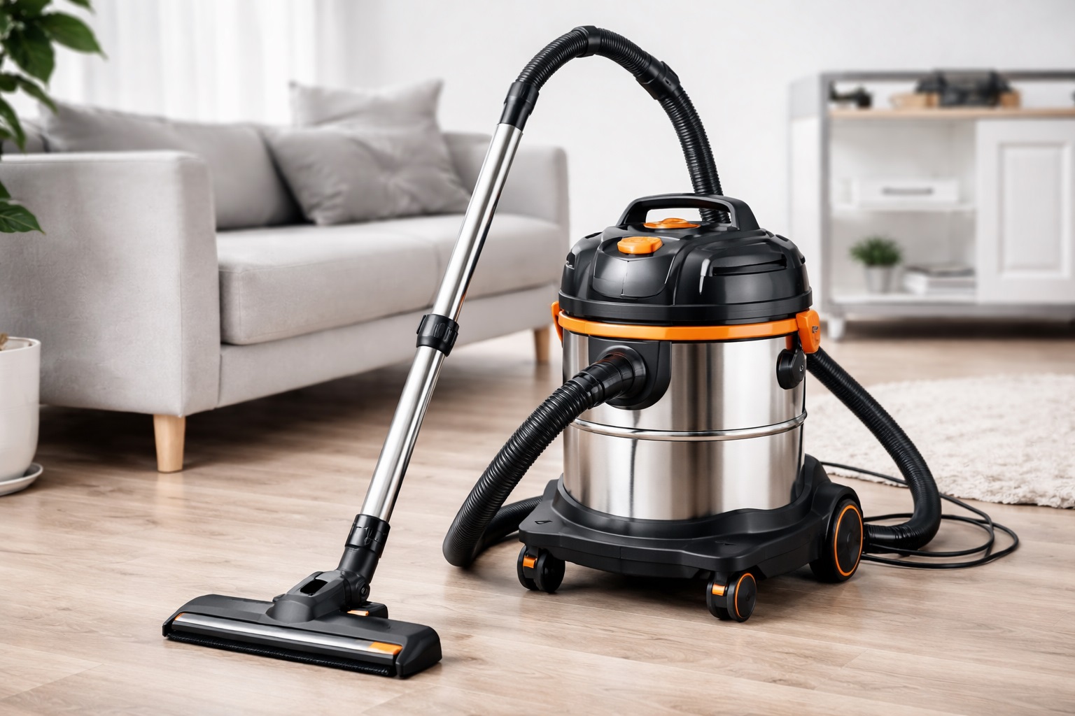 Stainless Steel Wet and Dry Barrel Vacuum Cleaner – Powerful Multi-Surface Household Cleaning Machine