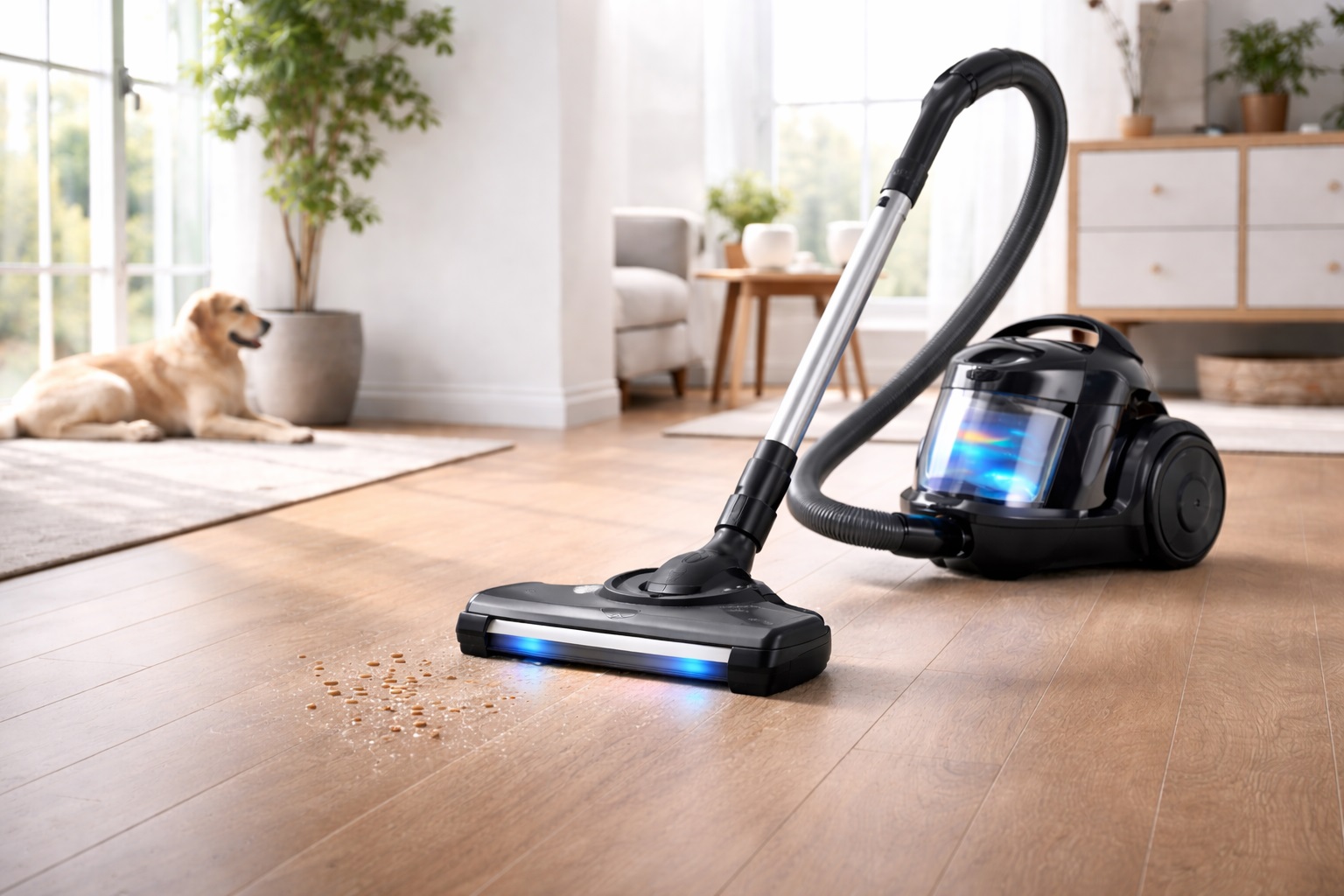 Lightweight Canister Vacuum Cleaner for Hardwood Floors with Wide LED Head