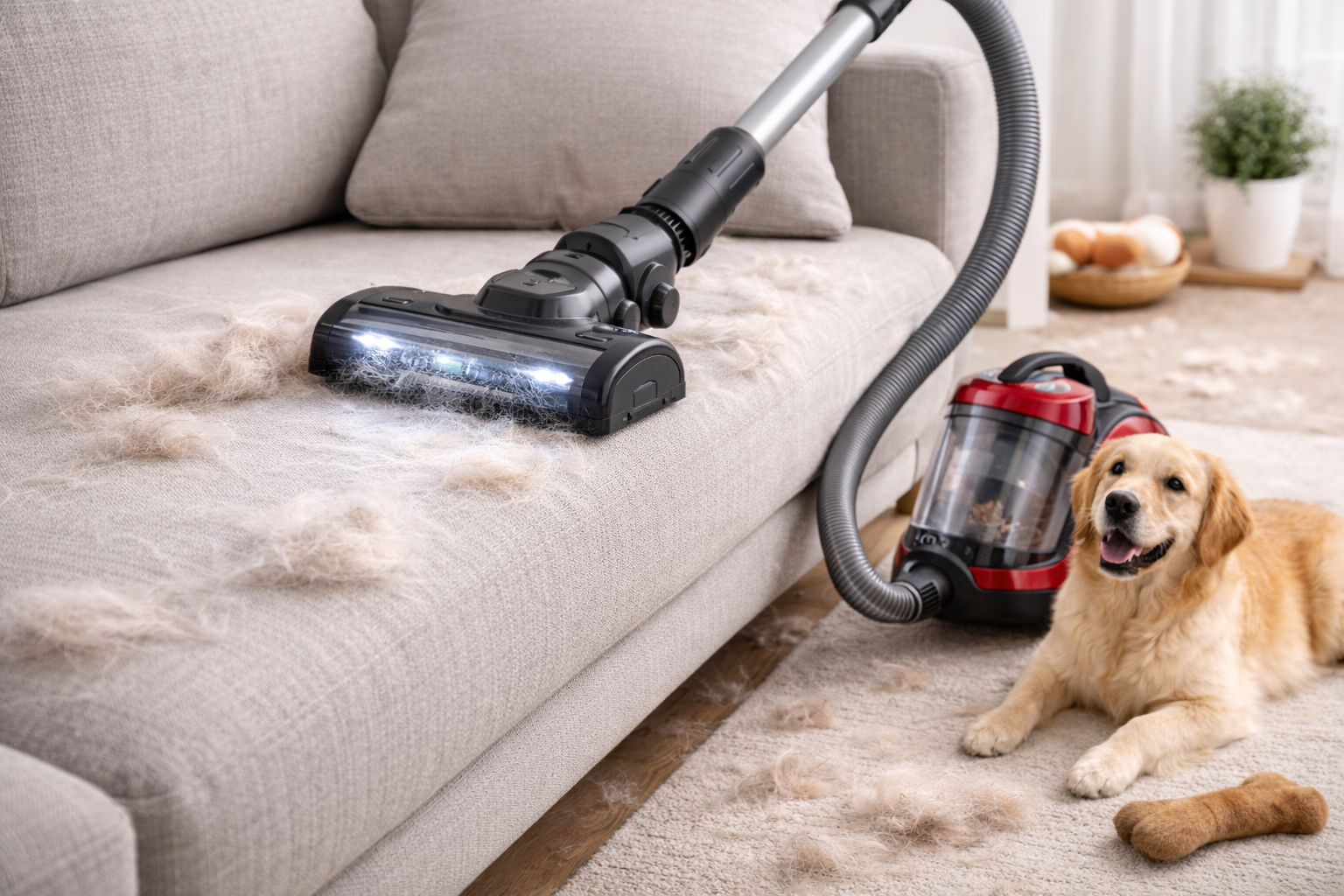 Canister Vacuum Cleaner for Pet Hair with HEPA Filter and Motorized Brush – Red