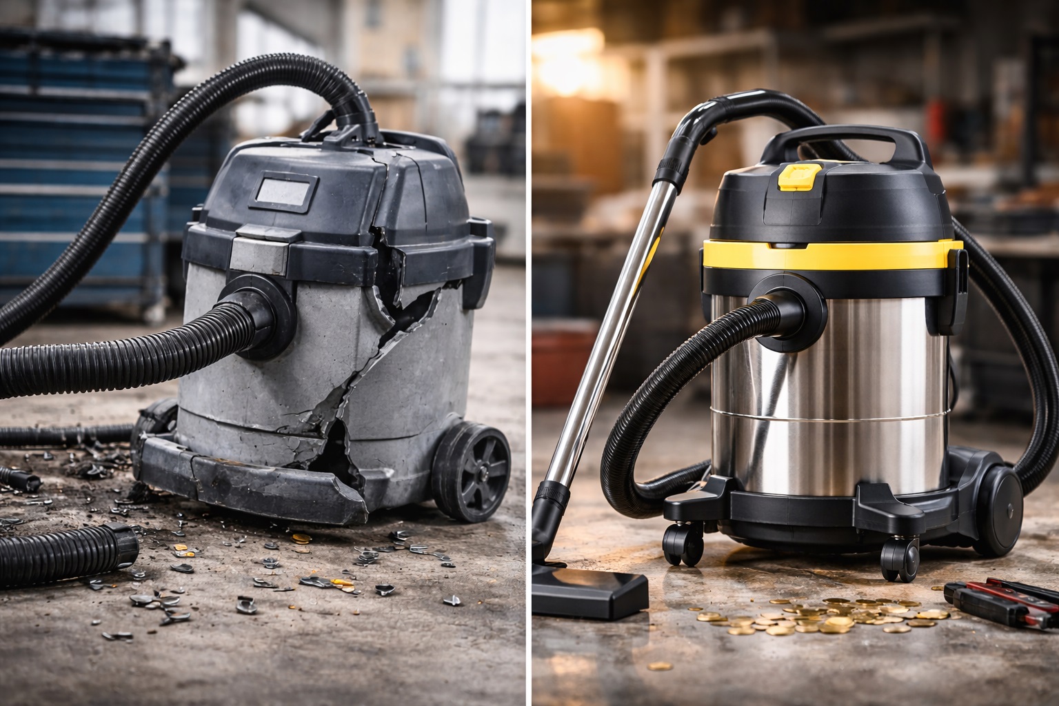 Durable Stainless Steel Commercial Vacuum vs Broken Plastic Model