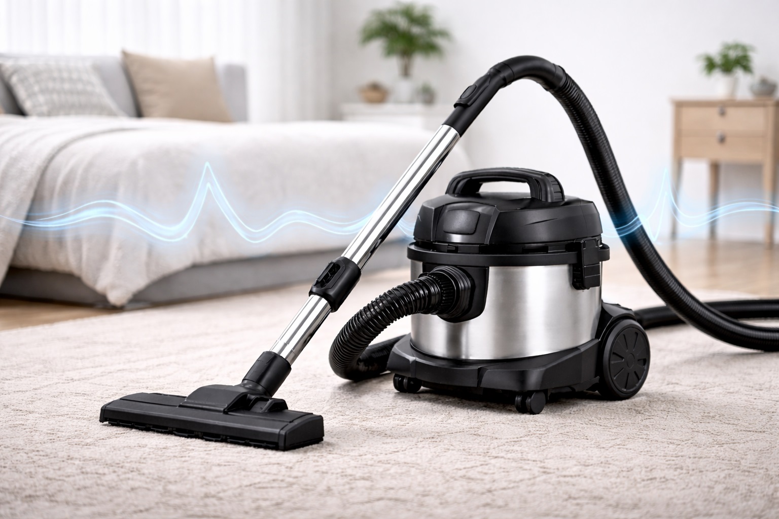 Sleek Barrel Vacuum Cleaner with Quiet Operation and Stainless Steel Finish