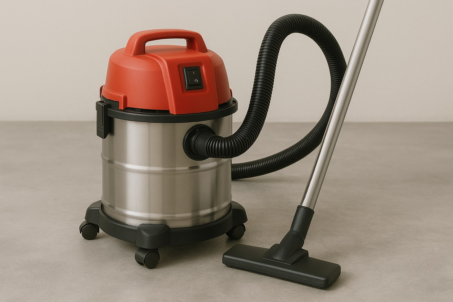 High-Suction Commercial Wet and Dry Vacuum Cleaner with Stainless Steel Barrel and Red Cover