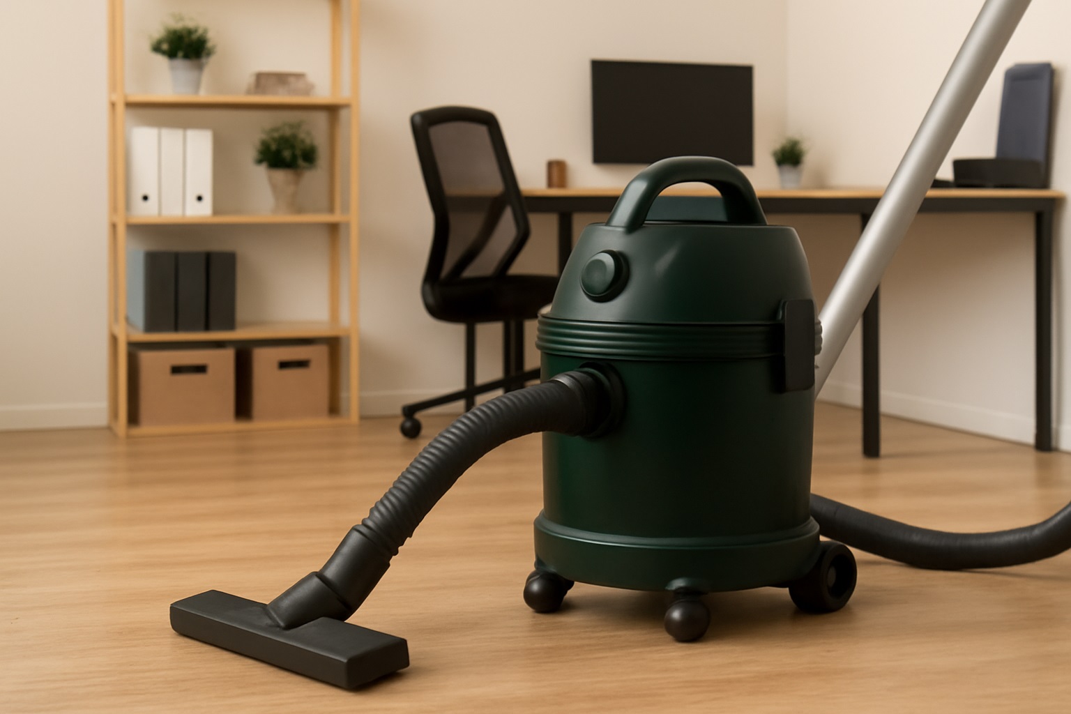 Green and Black Wet-Dry Vacuum Cleaner – Industrial Cleaning Solution for Warehouses and Storage Areas