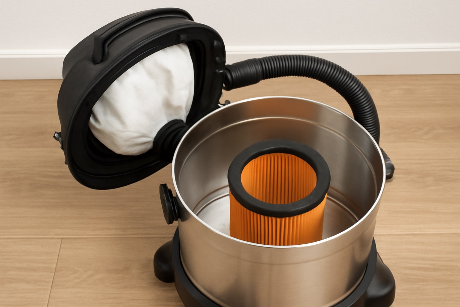 Stainless Steel Wet/Dry Vacuum with Dual HEPA Filtration – Orange Cartridge & Dust Bag System
