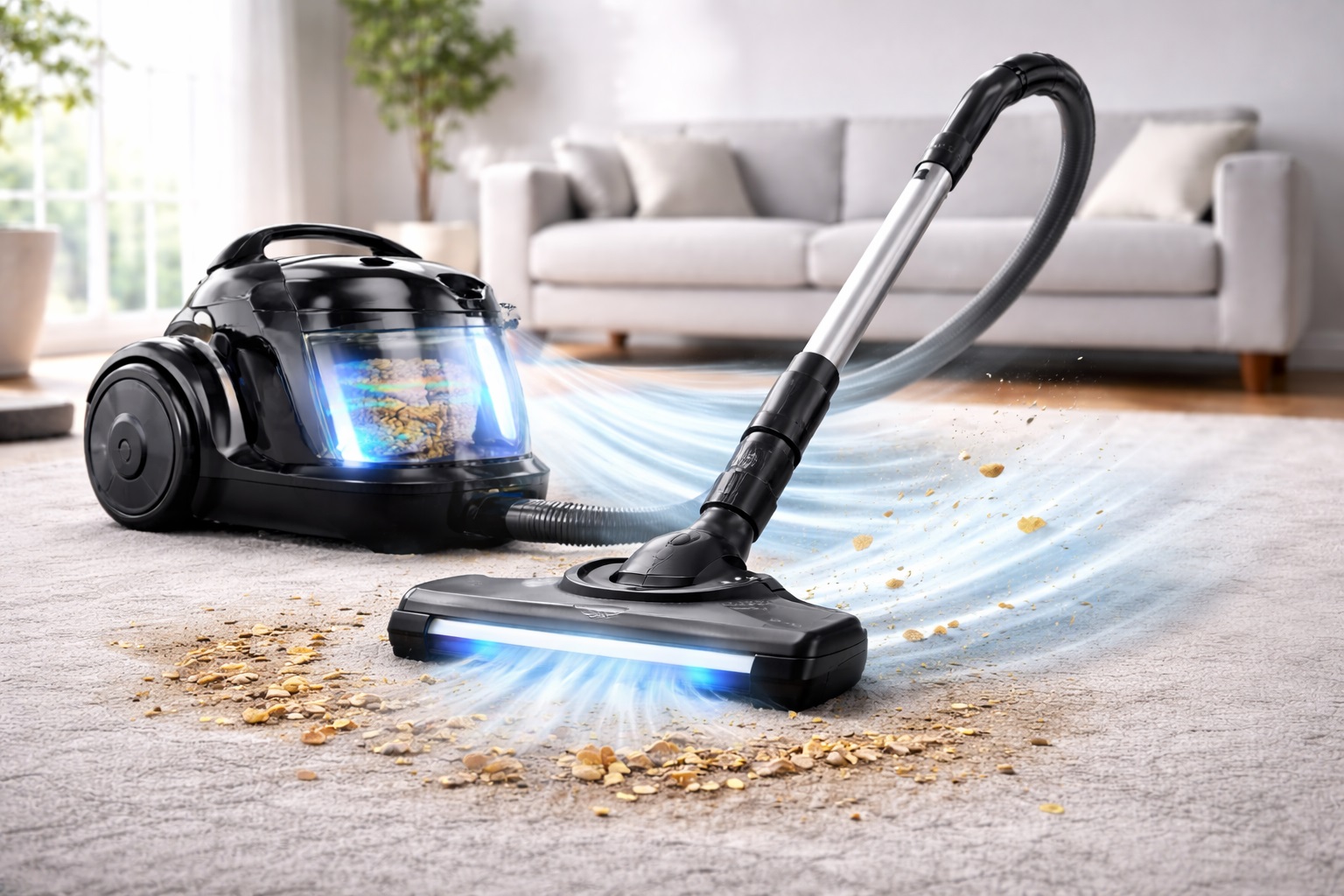 Powerful Canister Vacuum Cleaner for Large Debris with Extra-Large Dustbin and LED Floor Head