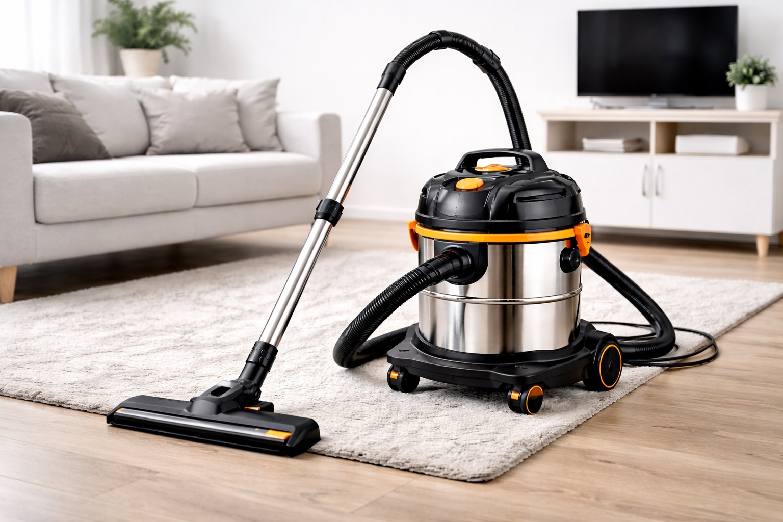 High-Performance Wet and Dry Barrel Vacuum Cleaner – Sleek Design, Stainless Steel Tank