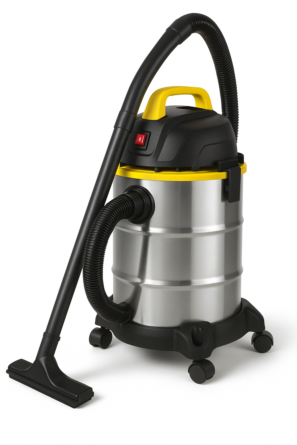 A7 High-Suction Wet Dry Vacuum Cleaner – Durable Stainless Steel with Red Power Switch and Yellow Trim