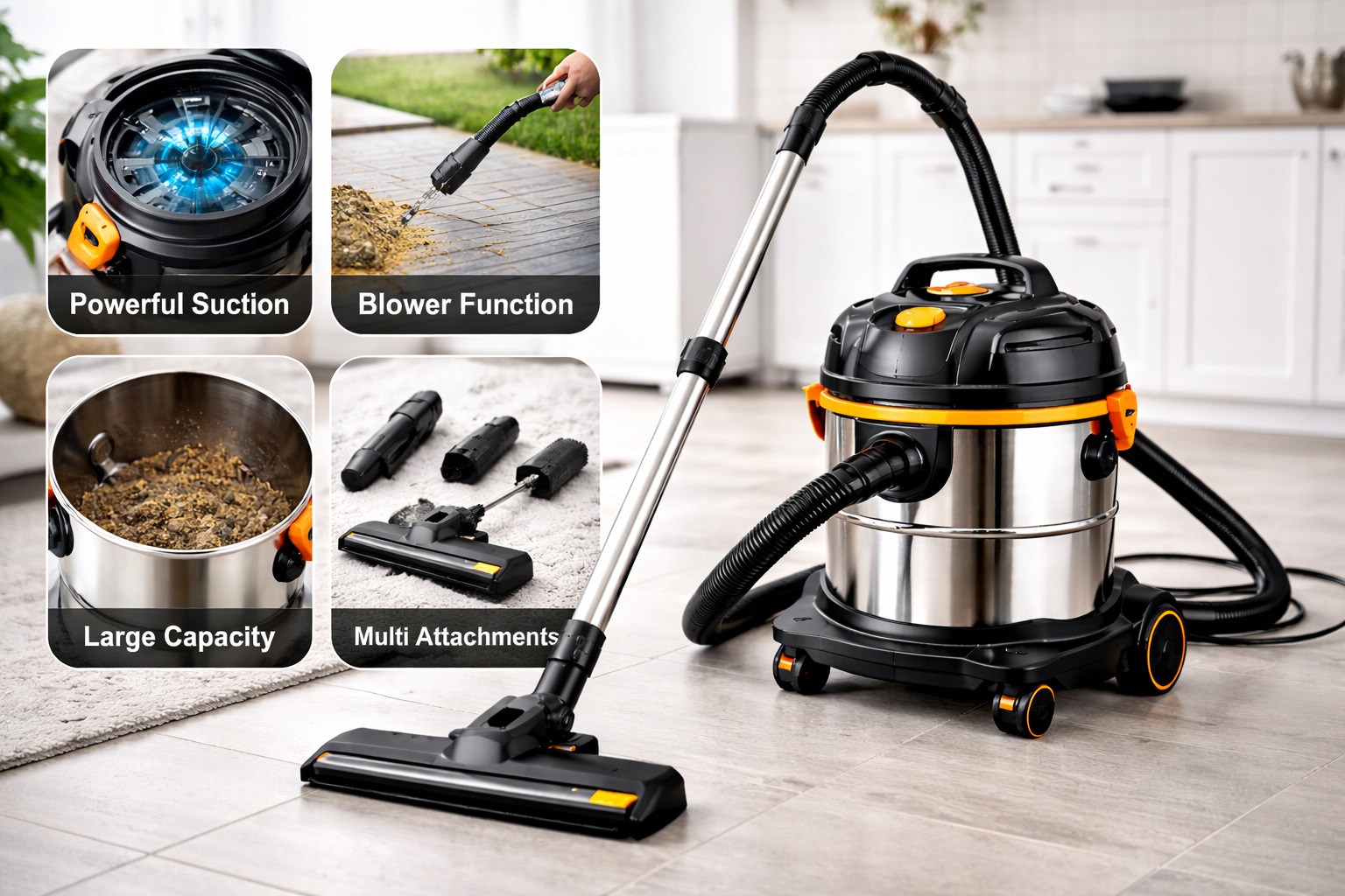 Powerful Wet and Dry Barrel Vacuum Cleaner with Blower Function and Multi Attachments