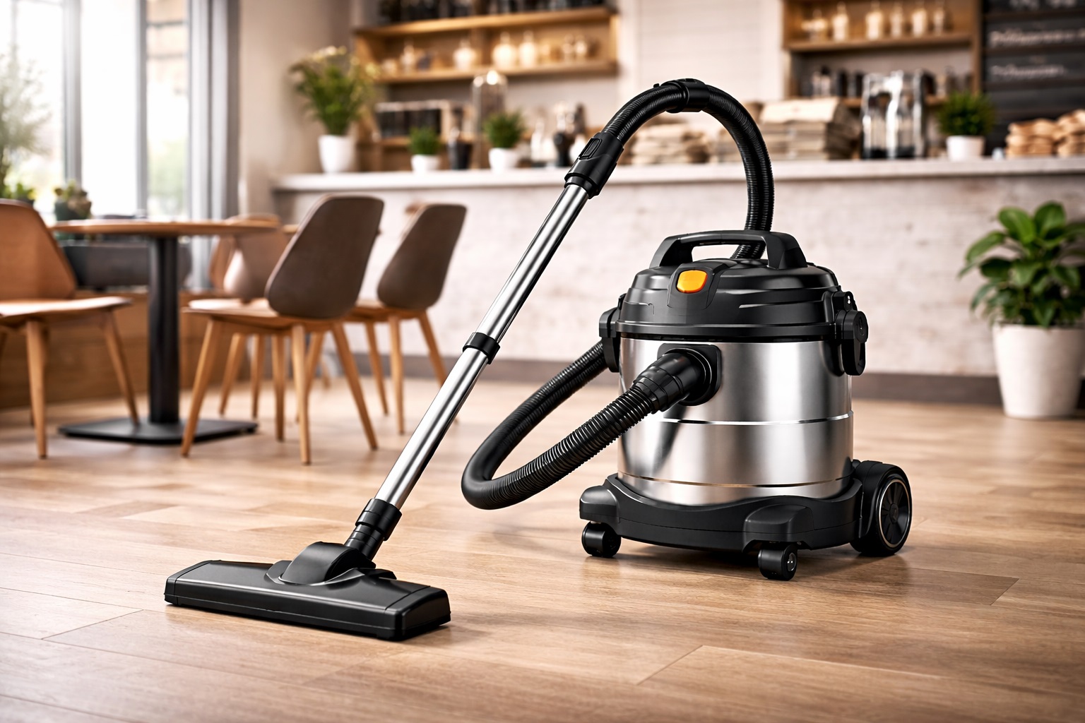 Sleek Barrel Vacuum Cleaner with Stainless Steel Design for Café and Commercial Cleaning