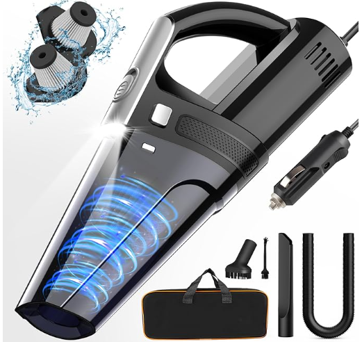 LX-CVC-60 Portable Car Vacuum Cleaner with High Suction, LED Light, HEPA Filters & Multiple Nozzles