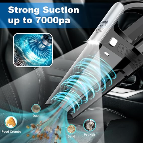 LX-CVC-60 Portable Car Vacuum Cleaner with High Suction, LED Light, HEPA Filters & Multiple Nozzles