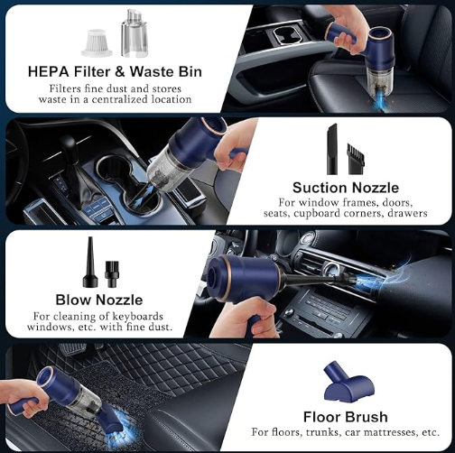 LX-CVC-BS50 2-in-1 Mini Cordless Car Vacuum & Air Duster with High Suction, HEPA Filter, and 6 Nozzles