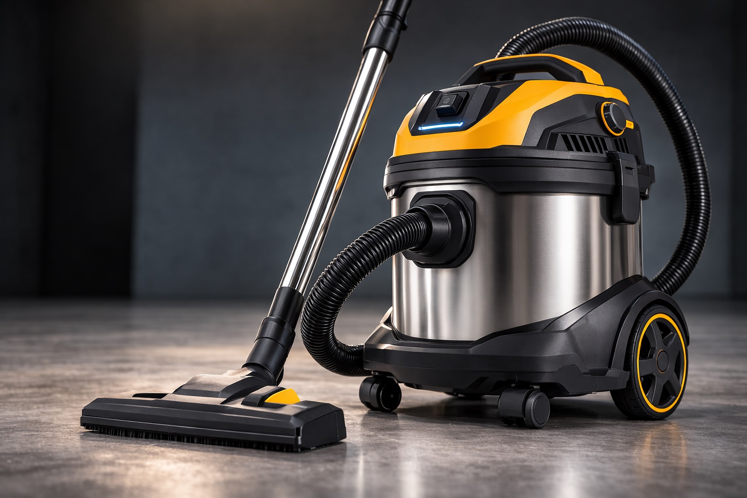 Stainless Steel Barrel Vacuum Cleaner with Black and Yellow Accents