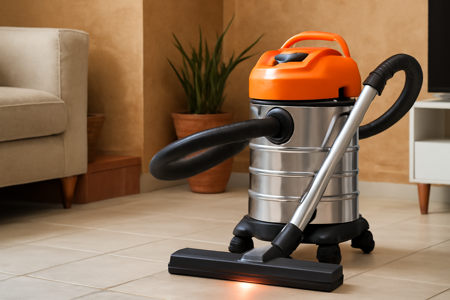 Y6 Terracotta Orange Wet Dry Vacuum Cleaner – Stylish Stainless Steel Canister with LED Floor Head for Home Tile and Floor Cleaning