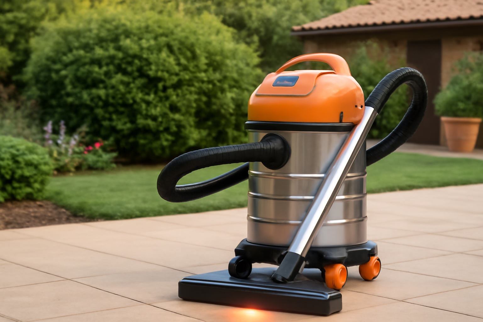 Y8 Outdoor Wet Dry Vacuum Cleaner – Heavy-Duty Stainless Steel Canister with LED Head & Orange Top for Garden and Patio Cleaning