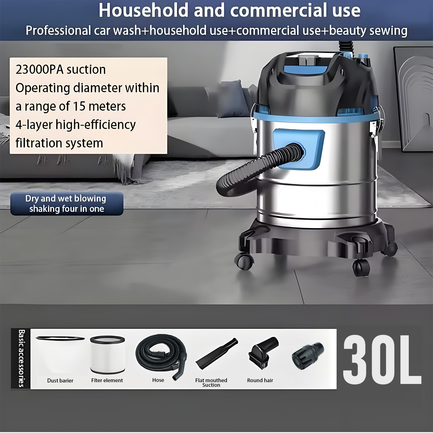 LX-VC-D40L-BB Industrial Wet & Dry Vacuum Cleaner – 40L Stainless Steel Barrel Commercial Vacuum with HEPA, Powerful Suction & Universal Wheels