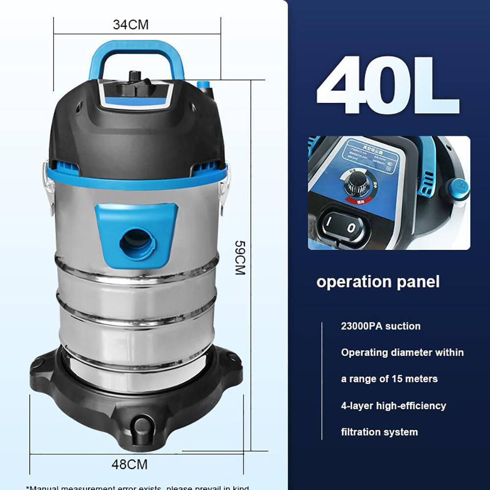 LX-VC-D40L-BB Industrial Wet & Dry Vacuum Cleaner – 40L Stainless Steel Barrel Commercial Vacuum with HEPA, Powerful Suction & Universal Wheels