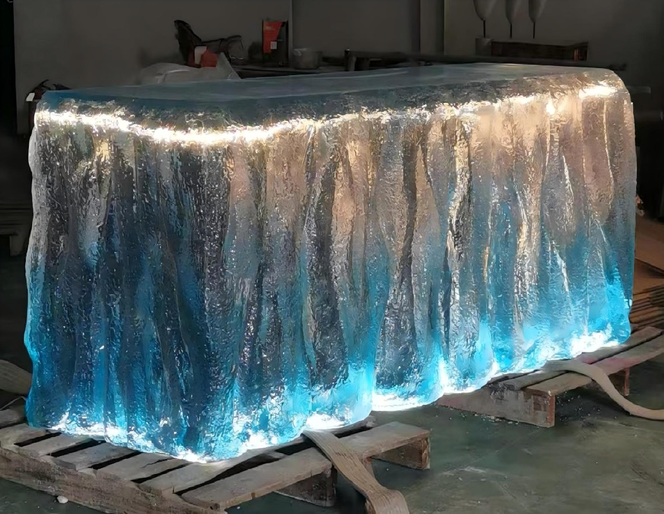 Blue Waterfall Illuminated Crystal Island with Glacier Texture