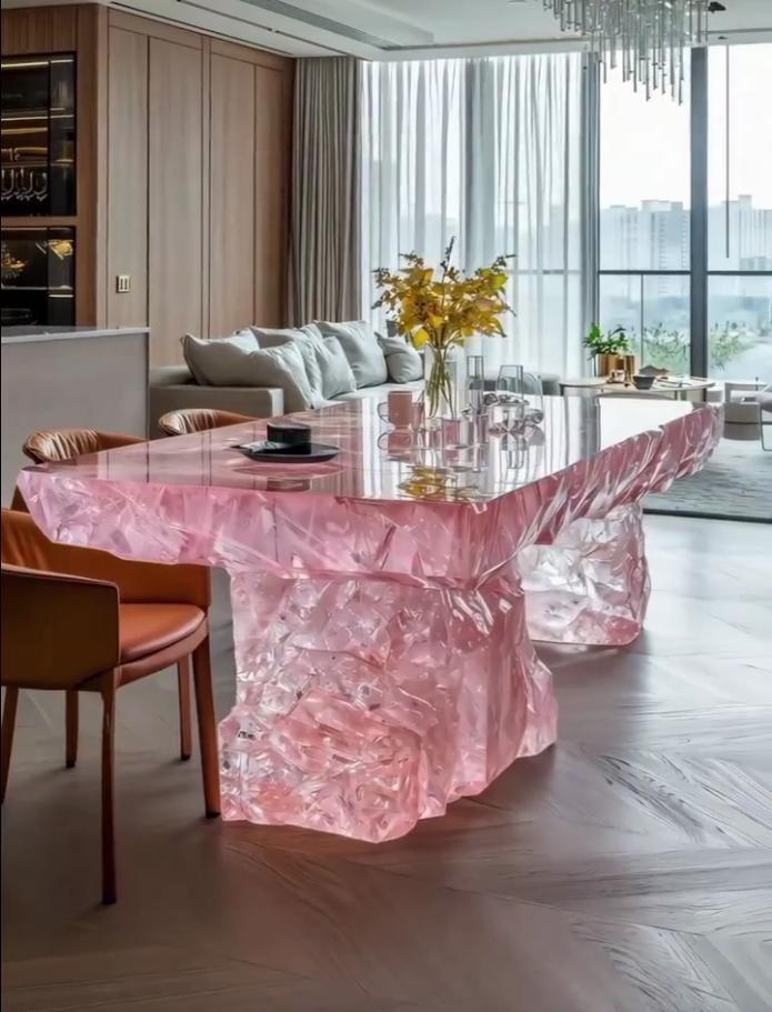 Modern Luxury Pink Crystal Island Table