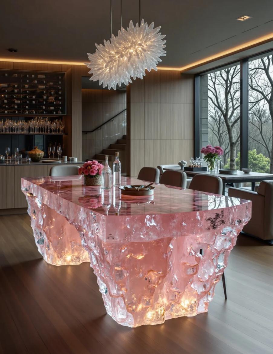 Luminous Pink Crystal Island Table | Artistic Fusion of Light and Sculpture