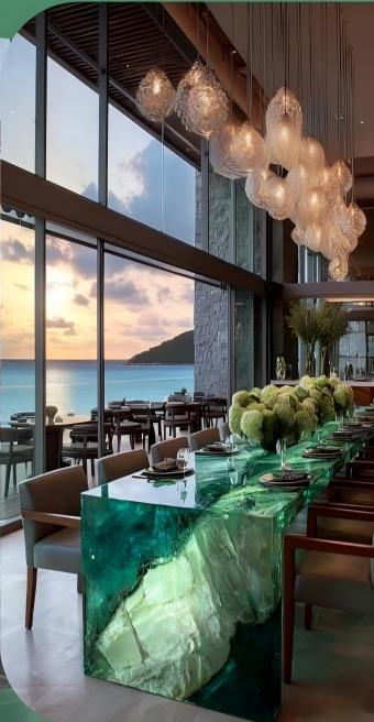Emerald Gemstone Island Table | Luxury Green Crystal Dining Island
