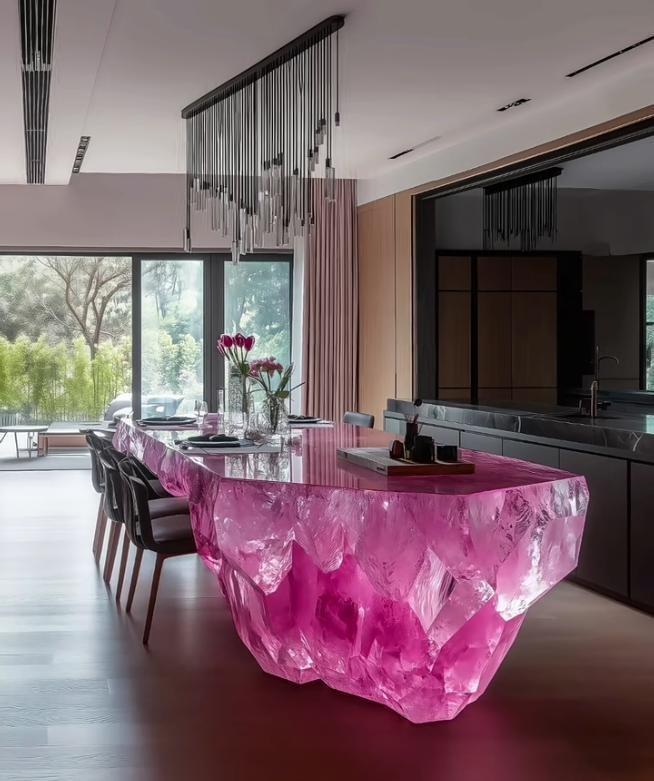 Luxury Pink Crystal Light Art Dining Table