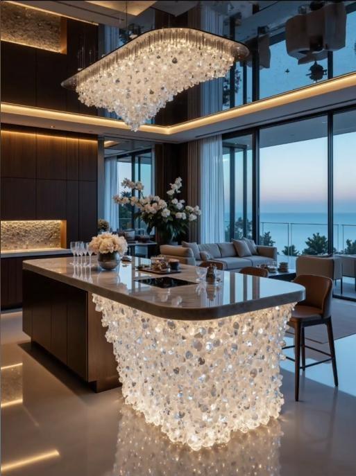 Celestial Fall Crystal & Wood Kitchen Island