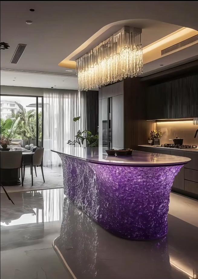 Curved Crystal Island Table | Reflective Purple Resin Kitchen Counter