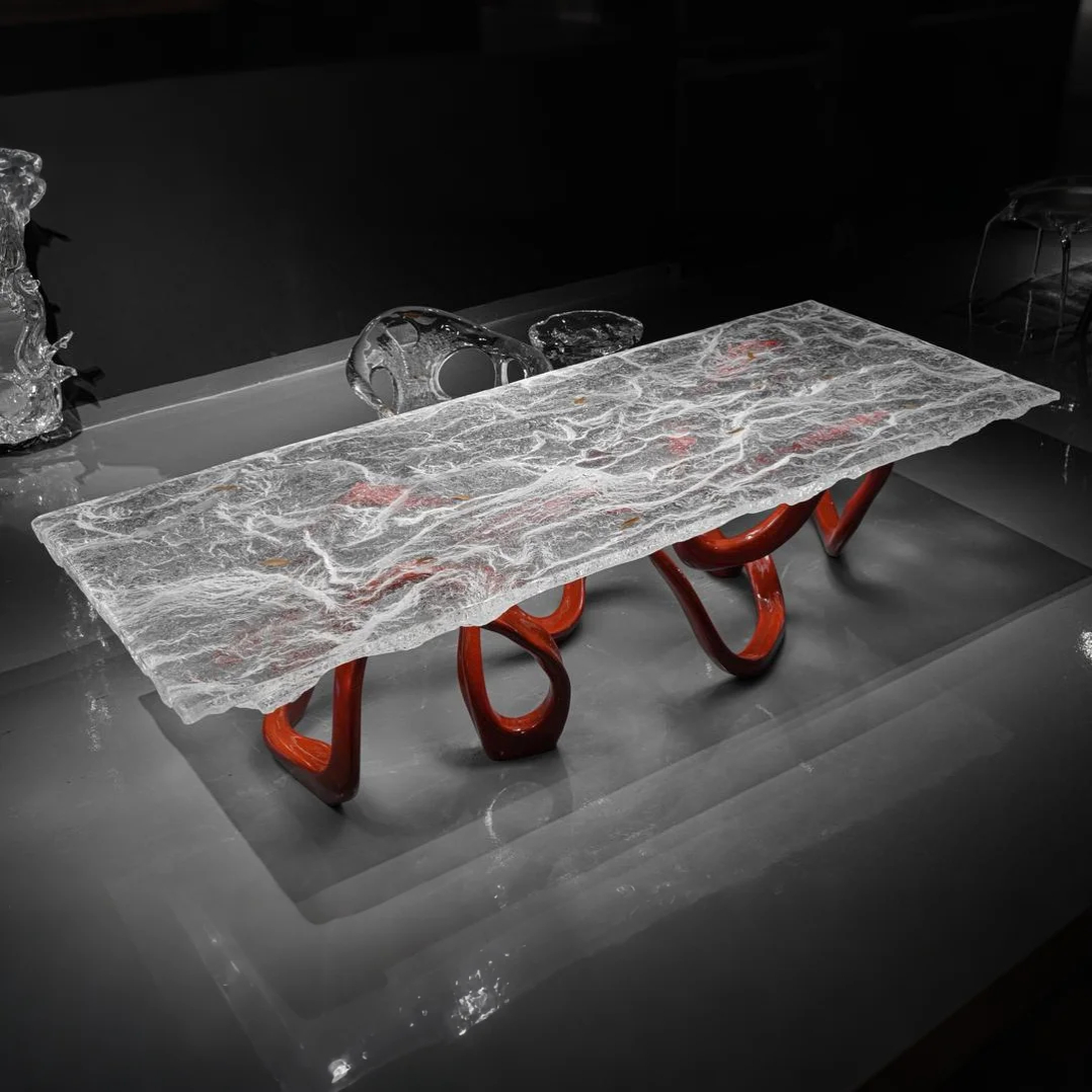 Serpent of Flame Acrylic Coffee Table – Fiery Sculptural Base Meets Water Ripple Top