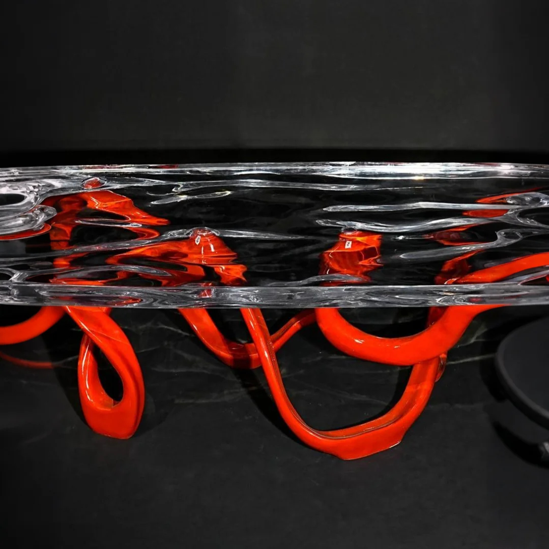 Serpent of Flame Acrylic Coffee Table – Fiery Sculptural Base Meets Water Ripple Top