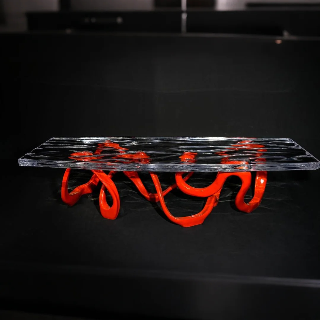 Serpent of Flame Acrylic Coffee Table – Fiery Sculptural Base Meets Water Ripple Top