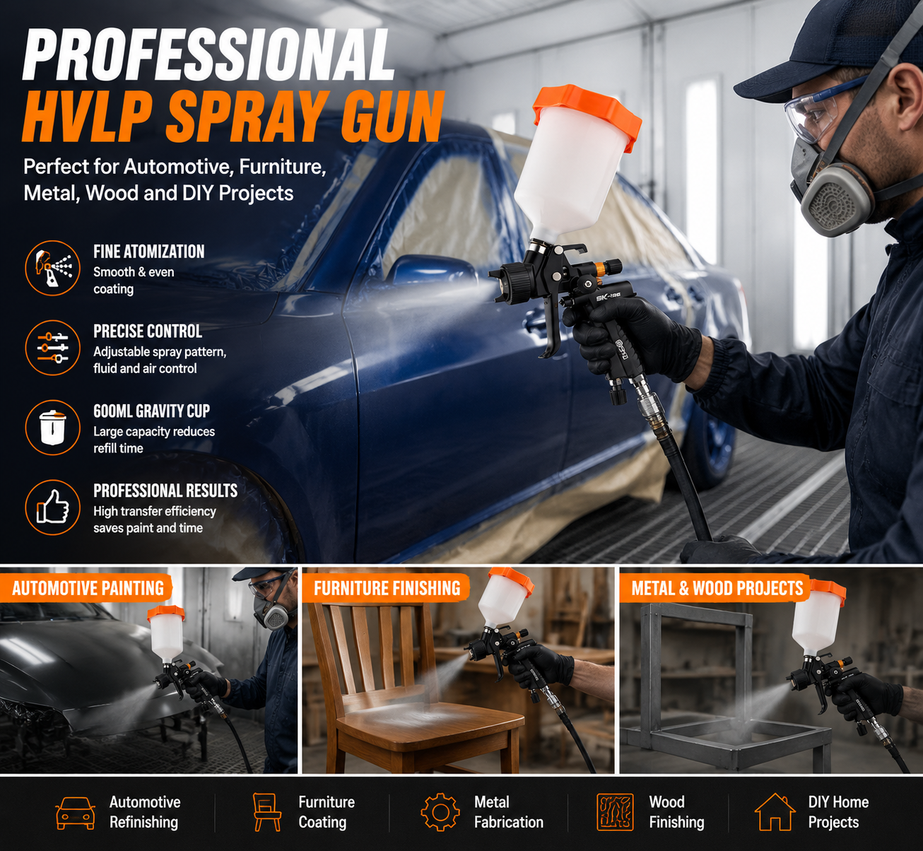 Professional HVLP Spray Gun for Auto Furniture Metal Wood DIY