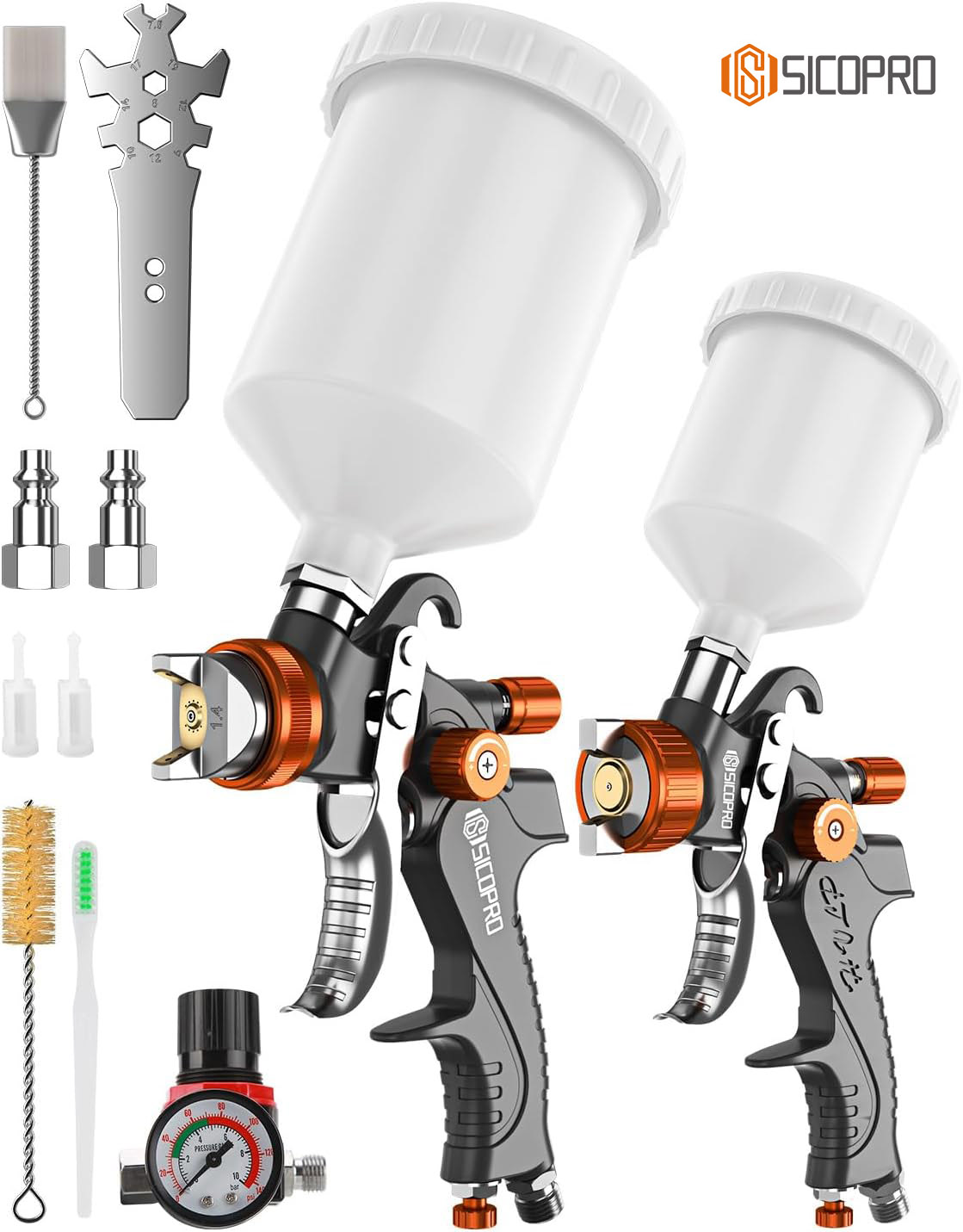 Conjunto de Pistola de Pintura SICOPRO LVLP – Alta Eficiência com Bicos Múltiplos, Regulador e Acessórios de Limpeza