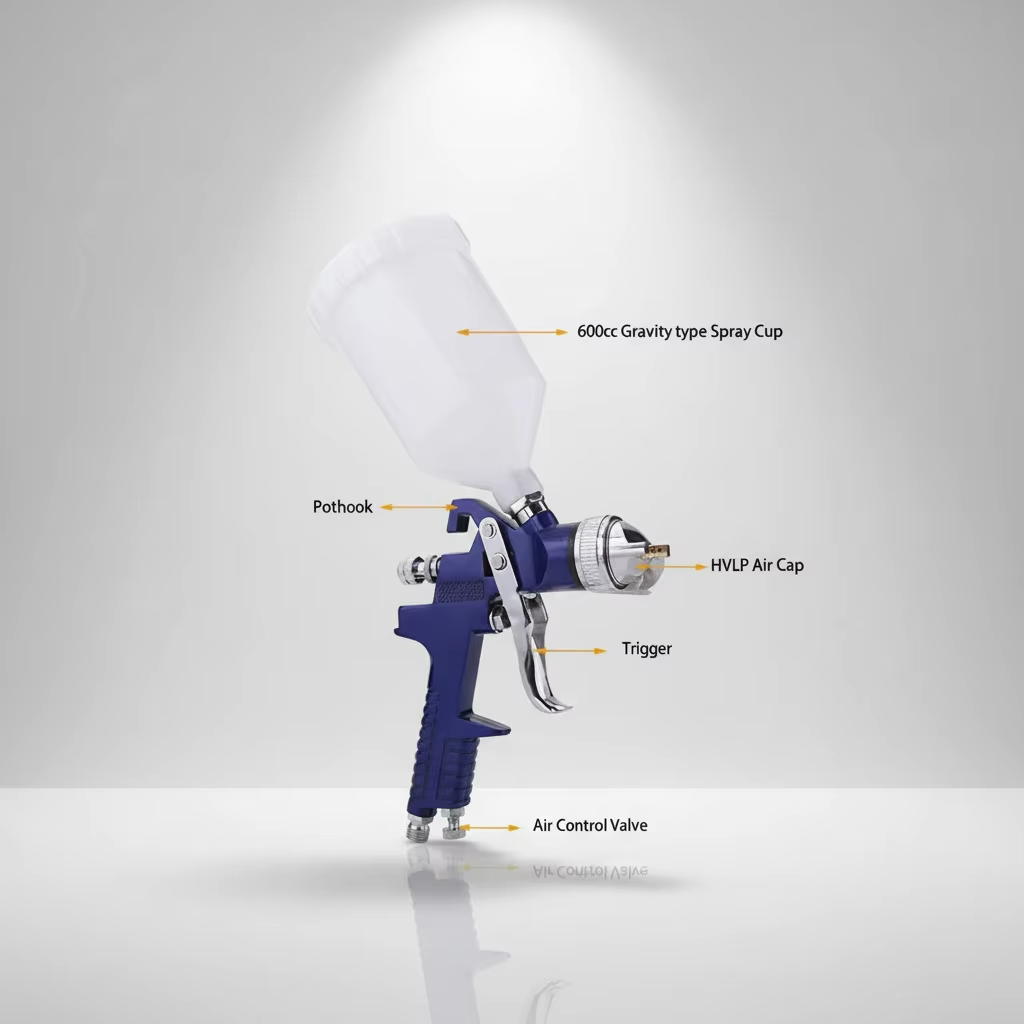 LVLP Pneumatic Paint Spray Gun 600ml Gravity Feed Professional Finishing Tool