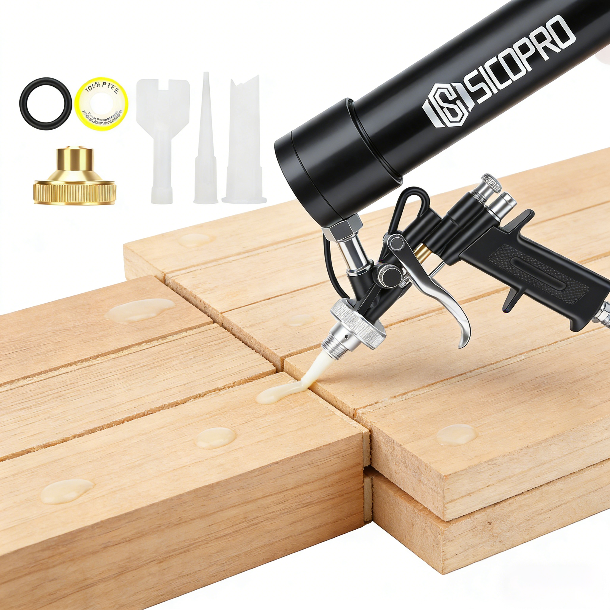 Heavy Duty Air Caulking Gun Kit with PTFE Seal and Replaceable Nozzles