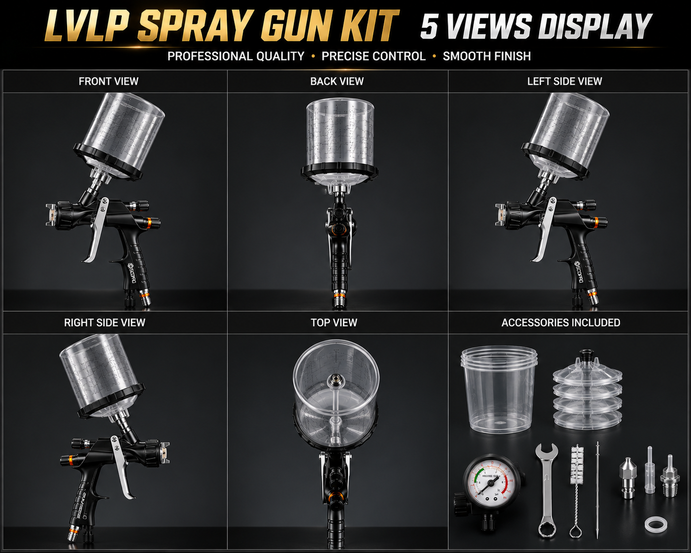 SICOPRO LVLP Spray Gun Kit 5 Views Display with Accessories and Pressure Regulator