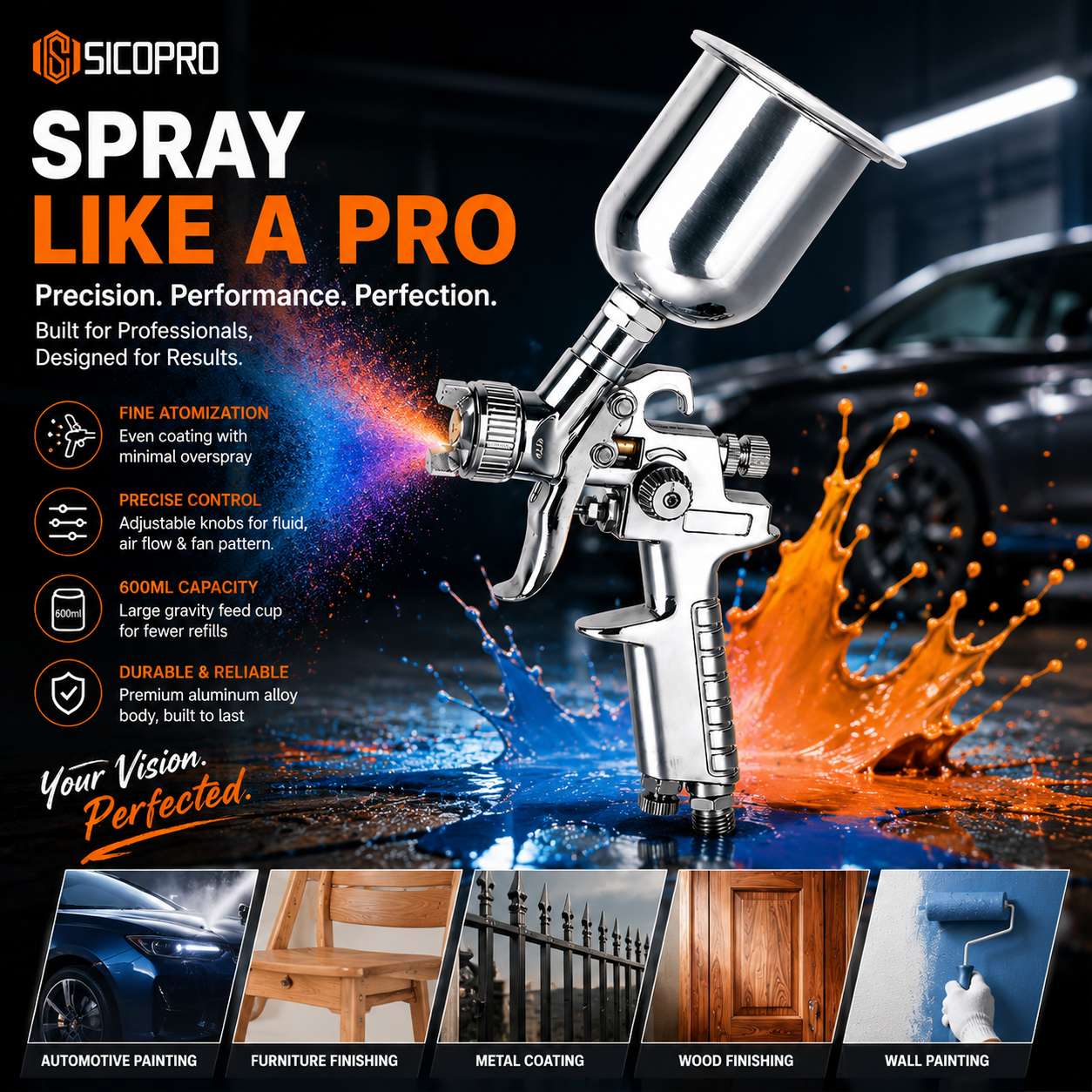 SICOPRO HVLP Spray Gun Kit with 600ML Metal Cup and Protective Foam Packaging